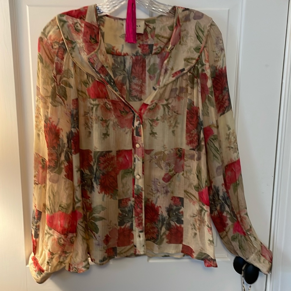 Sezane Floral Sheer Button-Up Blouse in Cream and Red